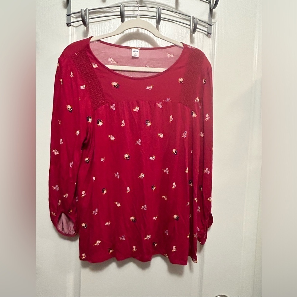 Old Navy‎ red floral long sleeve top Women’s L boho balloon sleeve peasant lace